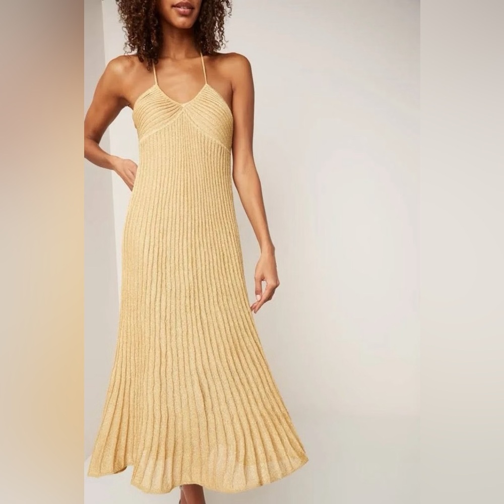 Sandro: Gold Metallic Knit Halter Midi Dress